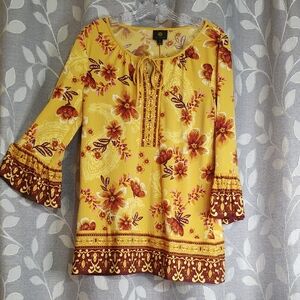JM Collection Floral Yellow Women's Top size S